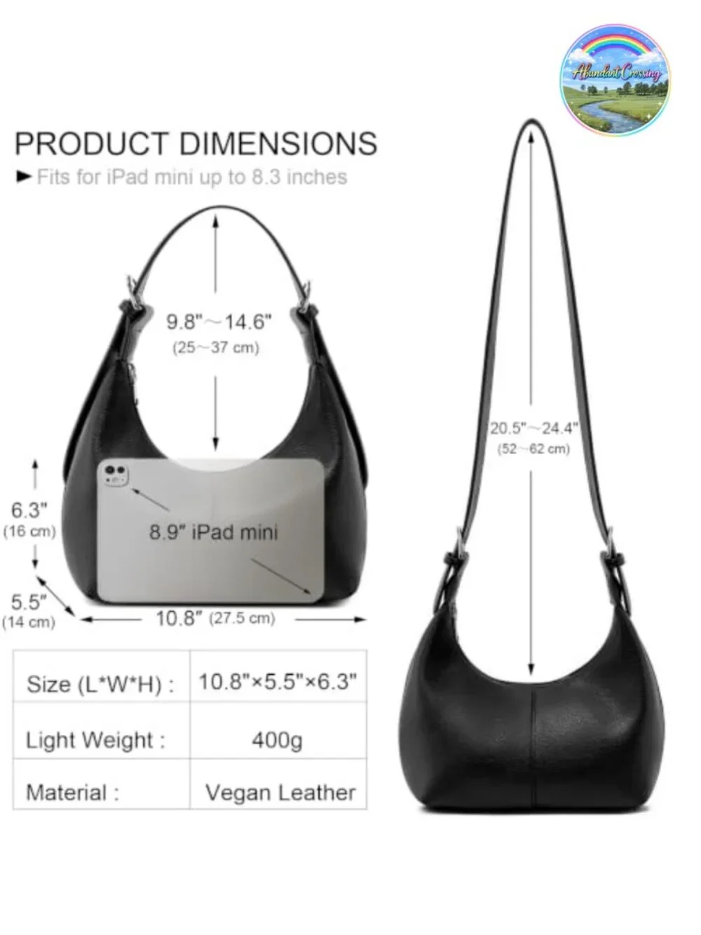 Vegan Leather Hobo Handbag Crossbody Purse with 2 Adjustable Straps, Crescent